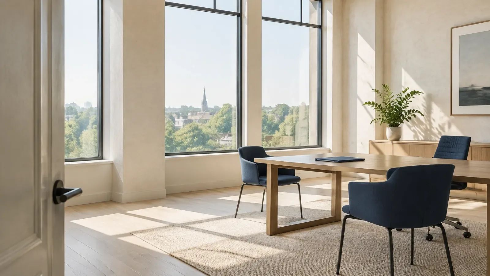 A bright, quiet office with tall windows, a table, and navy chairs