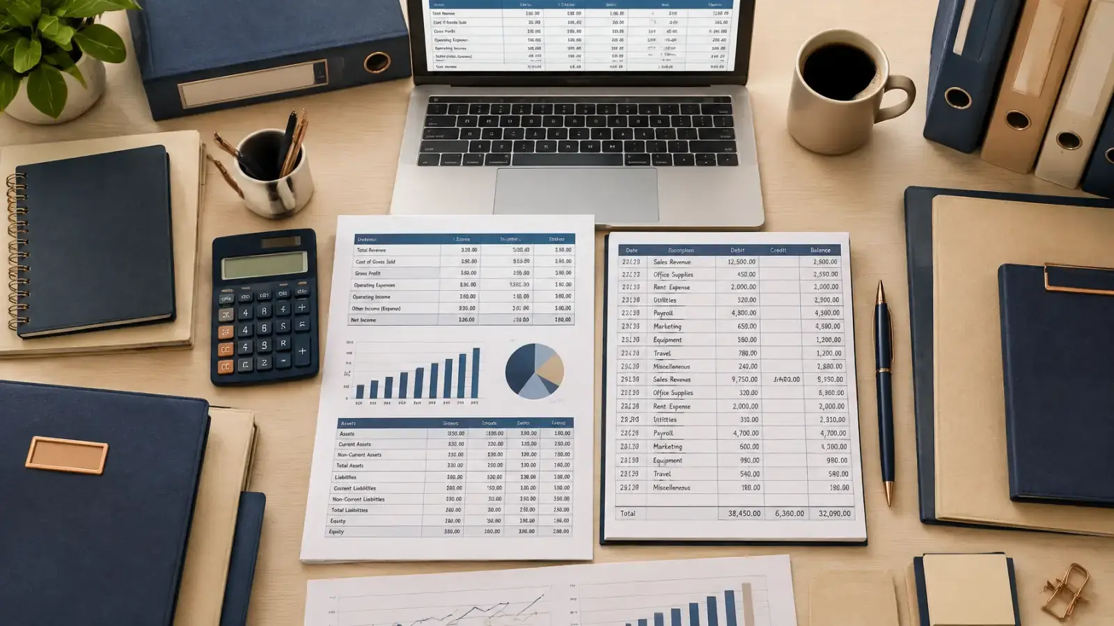 Un espace de travail de comptabilité lumineux avec grand livre rempli, calculatrice, classeurs et tableaux financiers