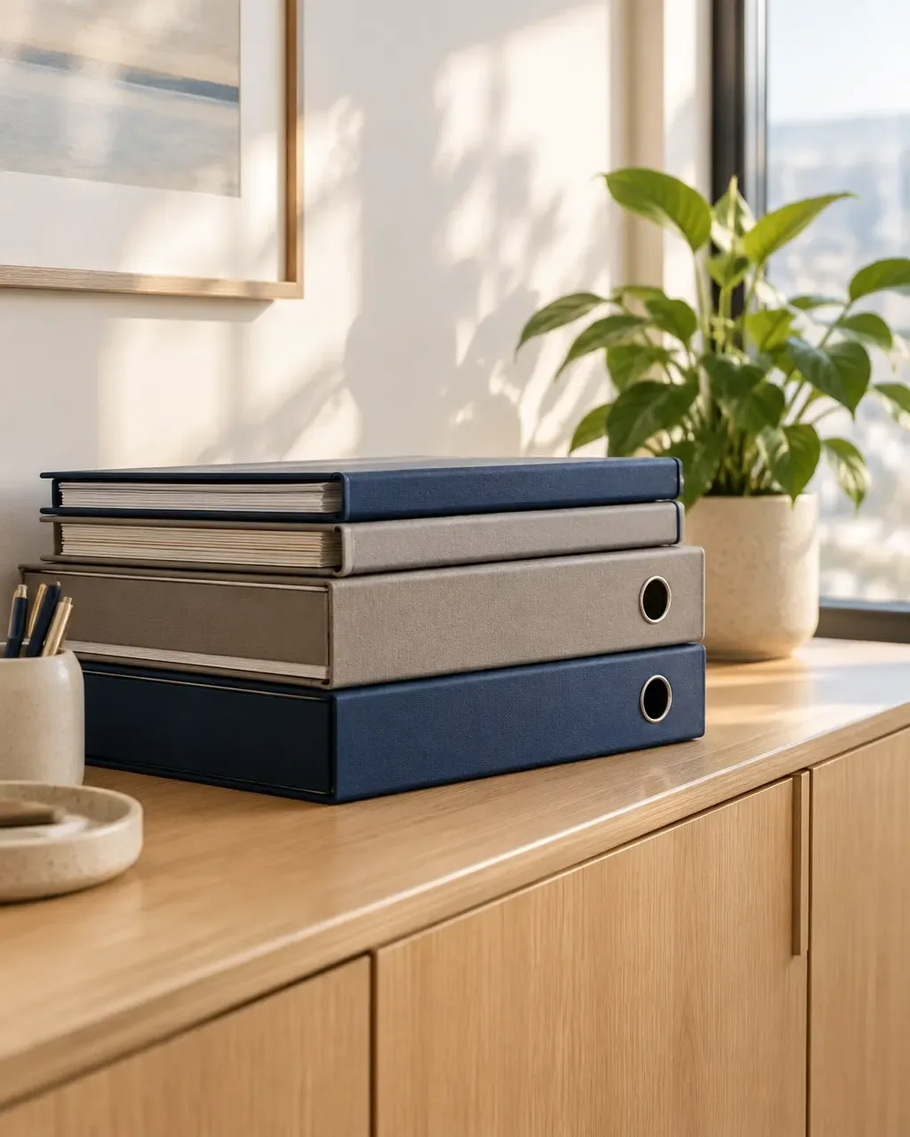 A neat stack of navy and gray binders on a light wood cabinet in a bright office